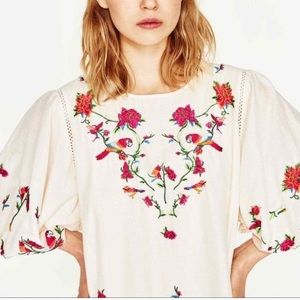Zara Parrot Embroidered Floral White Sundress 🦜 🌸